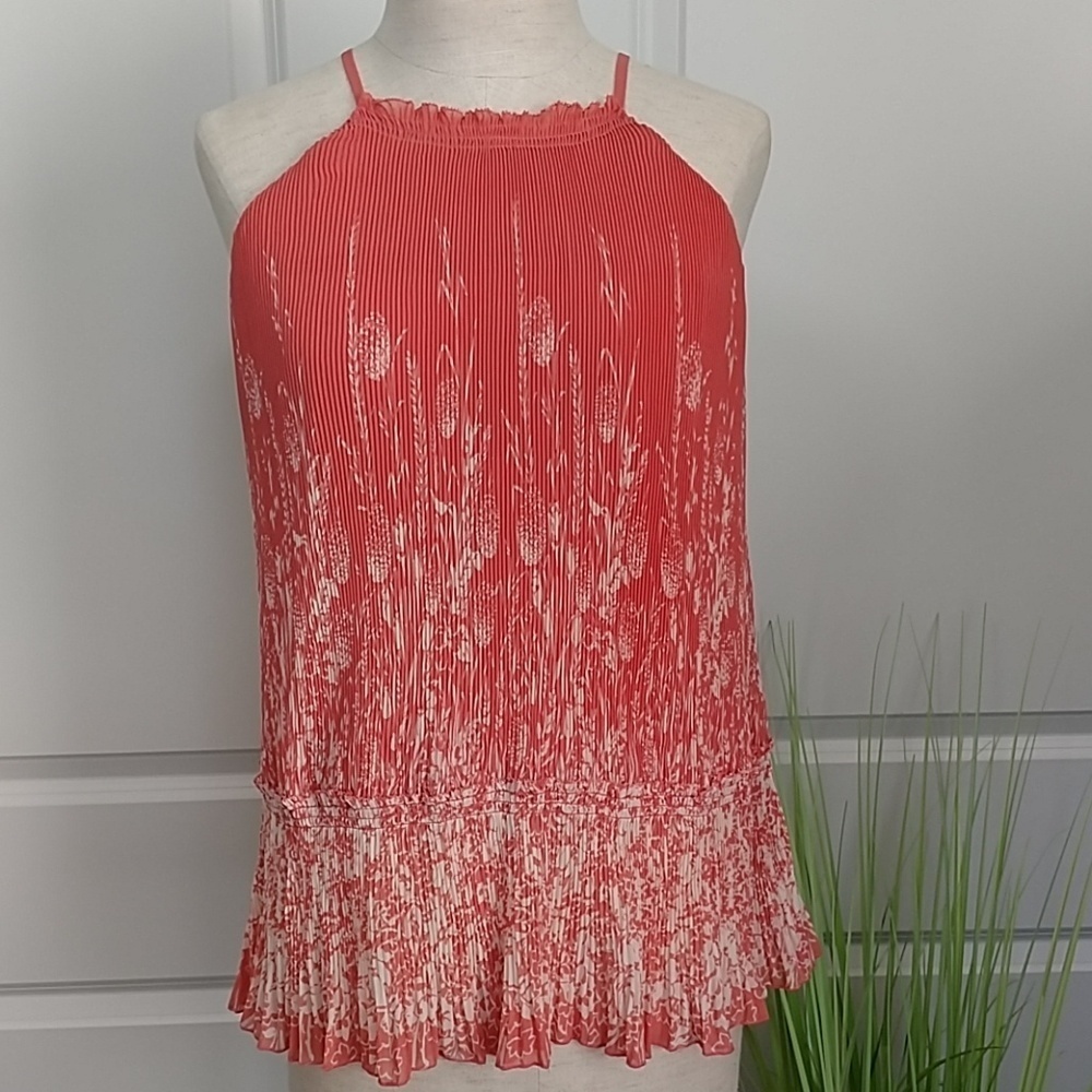 Joie Sleeveless Top High Halter Neckline Pleated Ruffled Hem Salmon Cream L NWT